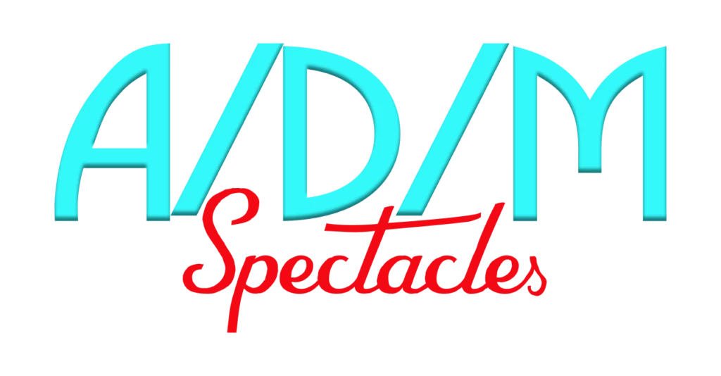 ADM Spectacles - Logo textuel avec « ADM » en grandes lettres bleu clair et « Spectacles » en lettres cursives rouges plus petites en dessous. Le design, d'inspiration rétro, avec un léger effet d'ombre sur le lettrage, reflète parfaitement l'esprit d'ADM Spectacles événements.
