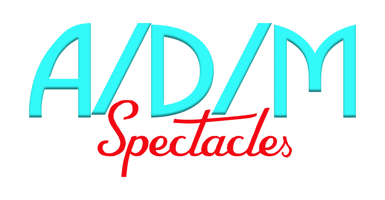 ADM Spectacles - Logo textuel avec « ADM » en grandes lettres bleu clair et « Spectacles » en lettres cursives rouges plus petites en dessous. Le design, d'inspiration rétro, avec un léger effet d'ombre sur le lettrage, reflète parfaitement l'esprit d'ADM Spectacles événements.