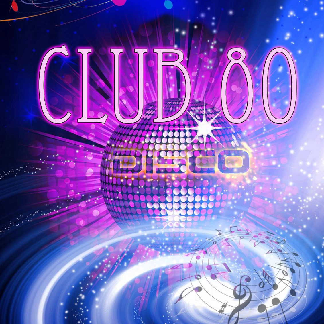 ADM Spectacles - Une image vibrante sur le thème du disco met en scène une boule à facettes réfléchissante entourée de lumières tourbillonnantes et de notes de musique. Le texte « CLUB 80 Disco » est mis en valeur en rose et jaune sur un fond coloré, évoquant l'énergie.