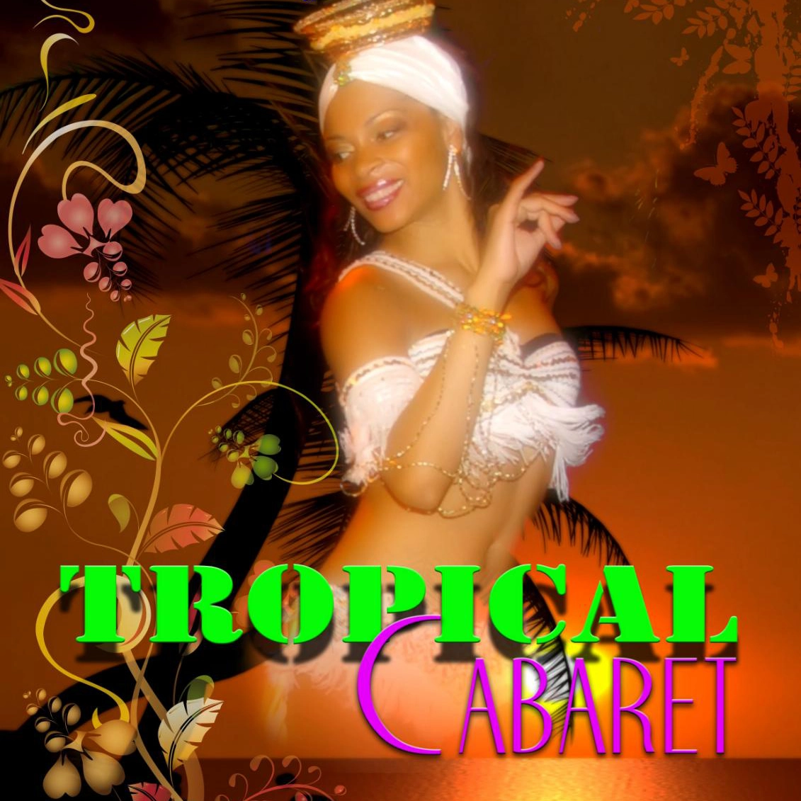 ADM Spectacles - Une femme en tenue tropicale danse avec grâce devant un coucher de soleil orné de silhouettes de palmiers. Vêtue d'un haut blanc, d'un foulard et d'accessoires dorés, elle incarne le « Cabaret tropical ». Des motifs floraux et papillons agrémentent la scène, célébrant le monde vibrant des danseurs et des spectacles.