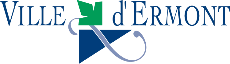 ADM Spectacles - Logo avec le texte « Ville d'Ermont » en bleu. En dessous, un motif géométrique stylisé met en valeur le dynamisme de la ville : un carré vert et deux triangles bleus reliés par une ligne grise incurvée.