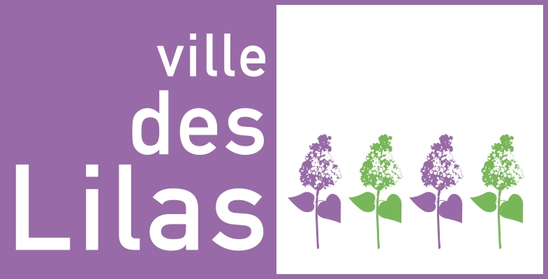 ADM Spectacles - Un graphisme violet et blanc présente les mots « ville des Lilas » à gauche, tandis que quatre fleurs de lilas stylisées aux lilas violets et verts ornent la droite.