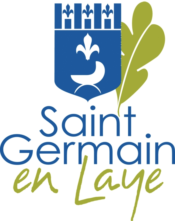 ADM Spectacles - Le logo de Saint-Germain-en-Laye présente un blason bleu orné d'une fleur de lys et d'un oiseau blancs, rehaussé de feuilles de chêne vertes. Le texte « Saint-Germain » est bleu, tandis que « en-Laye » danse en cursive verte en dessous.