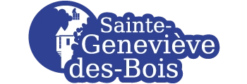 ADM Spectacles - Logo de Sainte-Geneviève-des-Bois représentant un paysage stylisé avec une maison, un arbre et un phare en blanc sur un fond circulaire bleu, accompagné du texte « Sainte-Geneviève-des-Bois » en blanc, célébrant ses événements vibrants et ses artistes talentueux.
