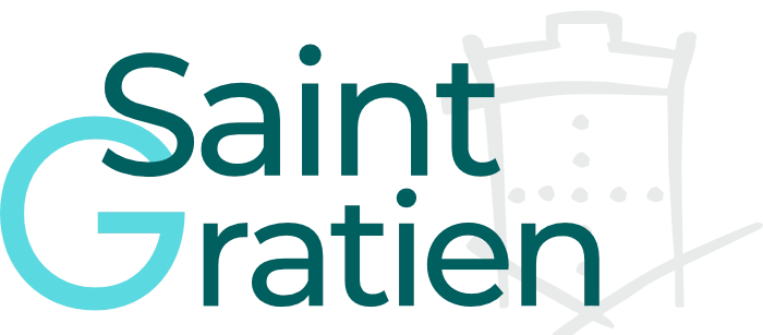 ADM Spectacles - Logo avec le texte « Saint Gratien » en bleu sarcelle et noir, représentant un contour stylisé d'un bâtiment avec des arches en arrière-plan, évoquant un sentiment de spectacles vibrants.