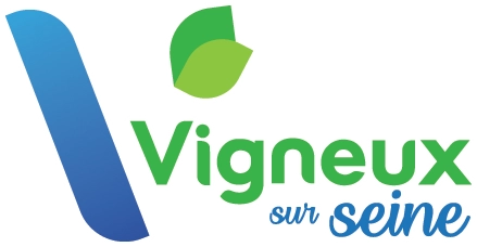 ADM Spectacles - Le logo de Vigneux-sur-Seine représente un « V » stylisé bleu et vert surmonté de deux feuilles vertes, évoquant des lunettes. Le texte « Vigneux sur Seine » est élégamment écrit en vert et bleu.